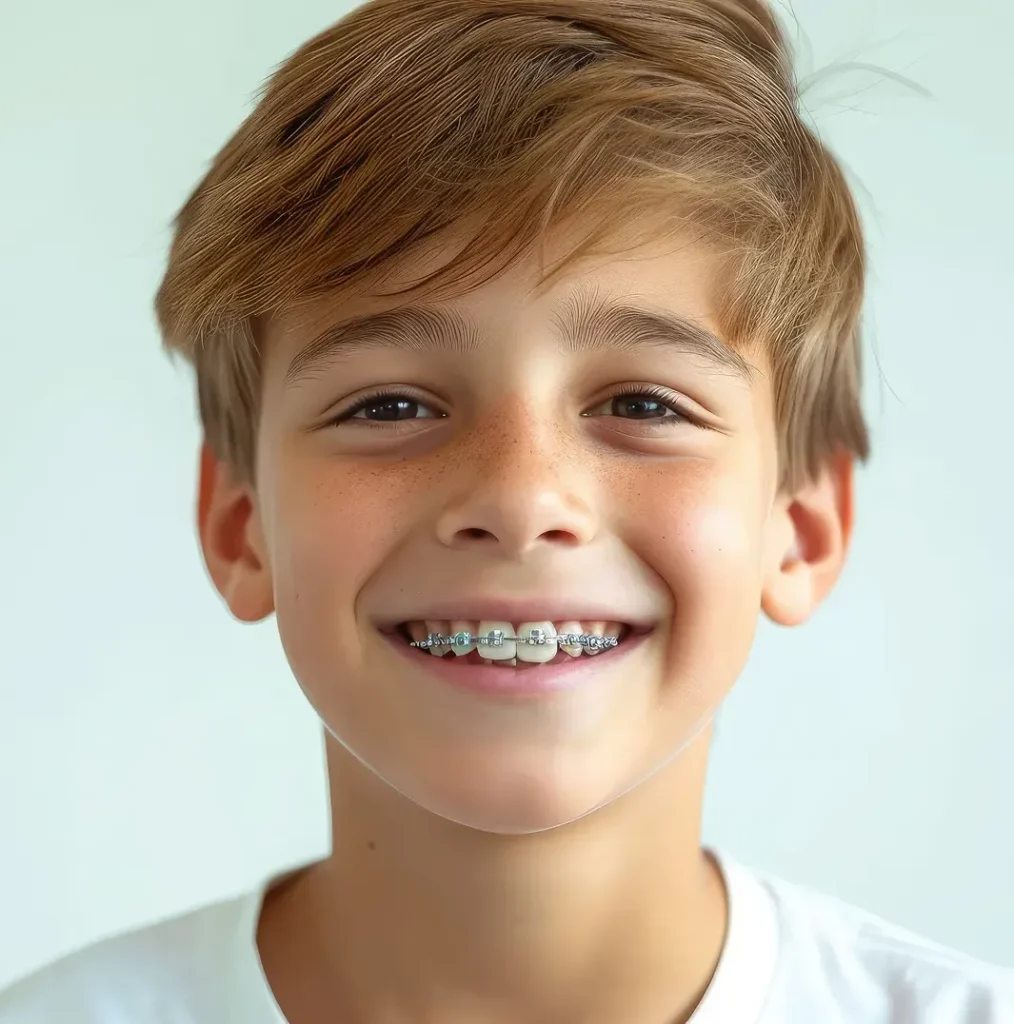 Chłopczyk w wieku około 10 lat ze stałym aparatem na zęby